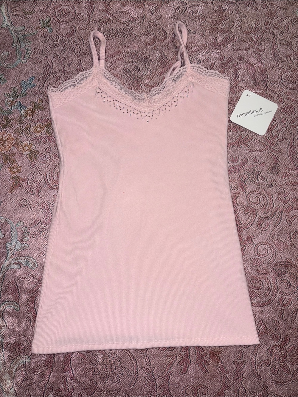 Brand new Rebellious Soft Pink Lace-Trim Tank Top